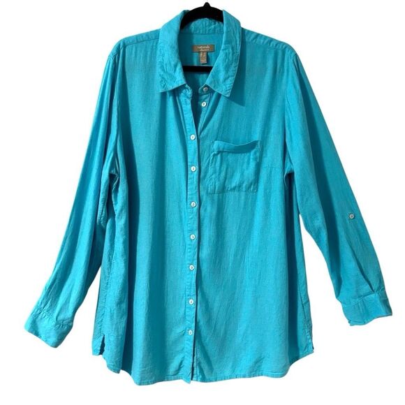 d & co L naturals linen blend aqua blue soft one pocket button down shirt long s - Picture 1 of 8